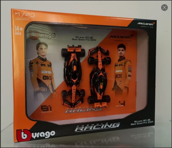 1:43 F1 McLaren MCL38 (2024) 2‑Car Set, Orange / Black, Photo Album Edition