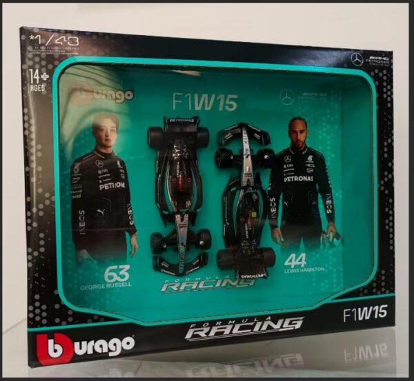 1:43 F1 Mercedes‑AMG W15 (2024) 2‑Car Set, Black, Photo Album Edition
