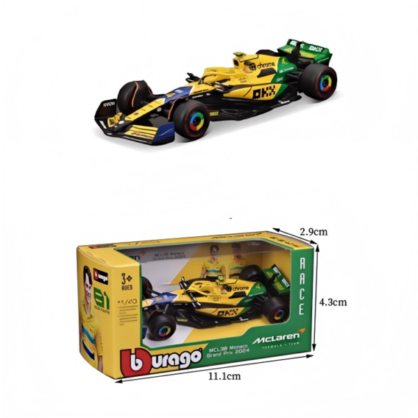 1:43 F1 McLaren MCL38 Monaco GP #4 Lando Norris, Solid Black / Yellow / Green, Without Helmet, Box Version