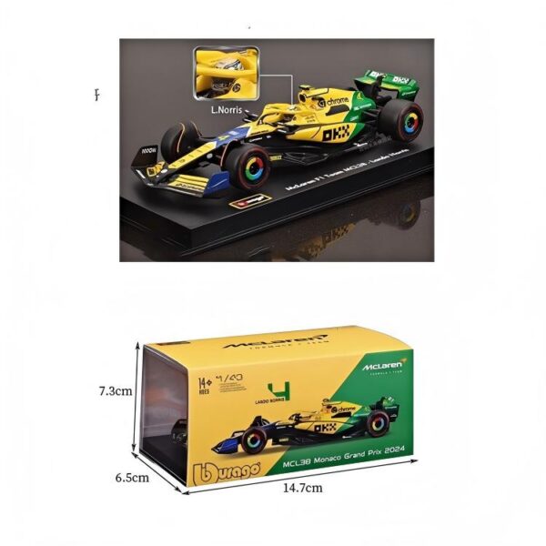 1:43 F1 McLaren MCL38 Monaco GP #4 Lando Norris, Matte Black / Yellow / Green, With Helmet, Acrylic Display Case