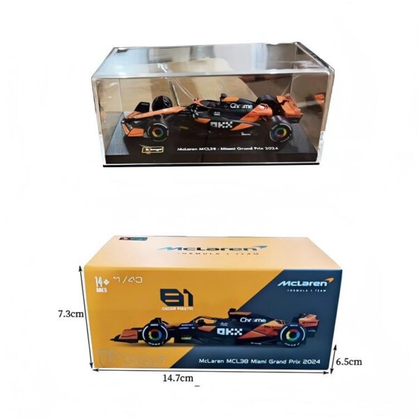 1:43 F1 McLaren MCL38 Miami GP #81 Oscar Piastri, Matte Black / Orange, With Helmet, Acrylic Display Case