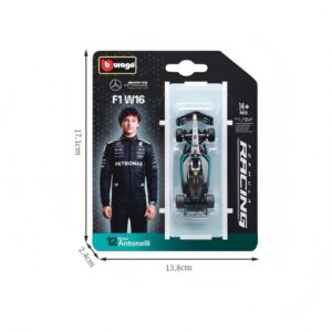 1:64 F1 Series (Blister Card Pack) Mercedes‑AMG F1 W16 E (2025 Australian Grand Prix) #12 Andrea Kimi Antonelli (Without Helmet), Silver / Matte Black