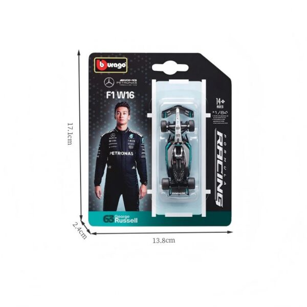 1:64 F1 Series (Blister Card Pack) Mercedes‑AMG F1 W16 E (2025 Australian Grand Prix) #63 George Russell (Without Helmet), Silver / Matte Black
