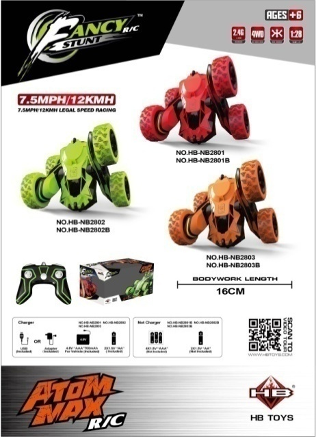 HB-NB2801 TO NB2803 1:28 Twist‑Arm Stunt RC Car, Window Box