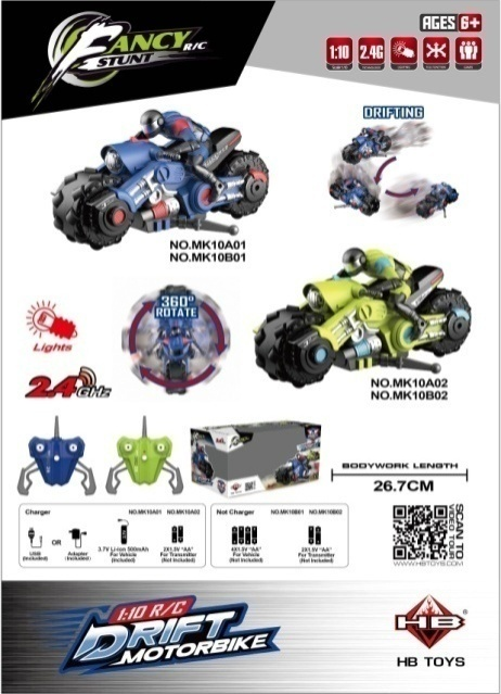 MK10A01 TO MK10A02   1:10 Mecanum Wheel Drift RC Motorcycle Window Box