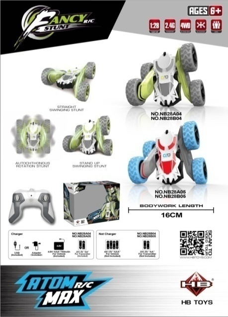 NB28B04 TO NB28B05  1:28 Twist‑Arm Stunt RC Car, Window Box