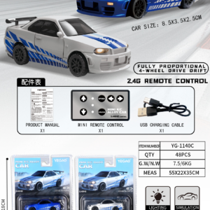 1:64 Nissan GT‑R R34 RC Car with Mini Remote Controller