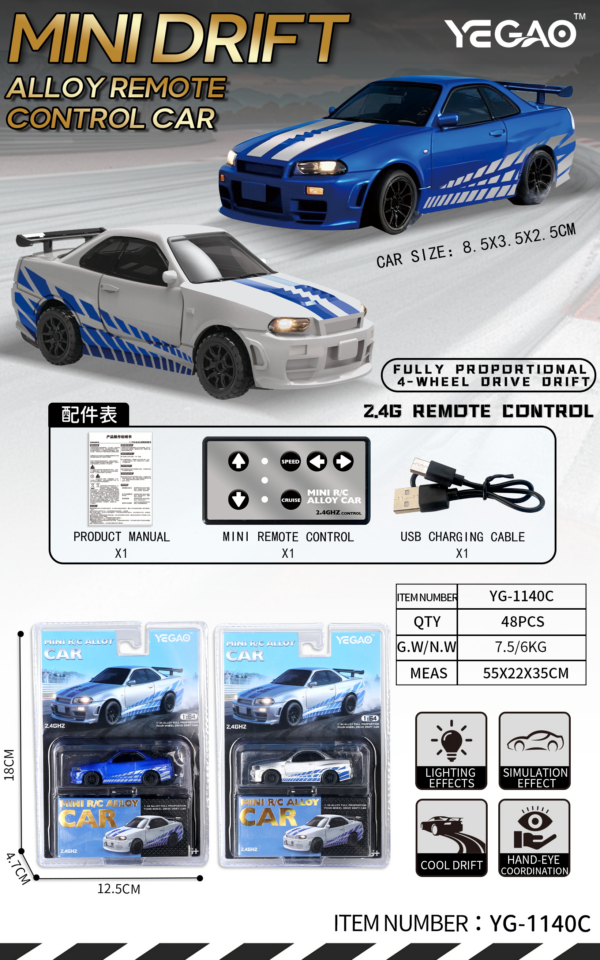 1:64 Nissan GT‑R R34 RC Car with Mini Remote Controller