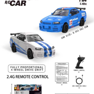 1:64 Nissan GTR R34 RC Car with Pistol‑Grip Transmitter