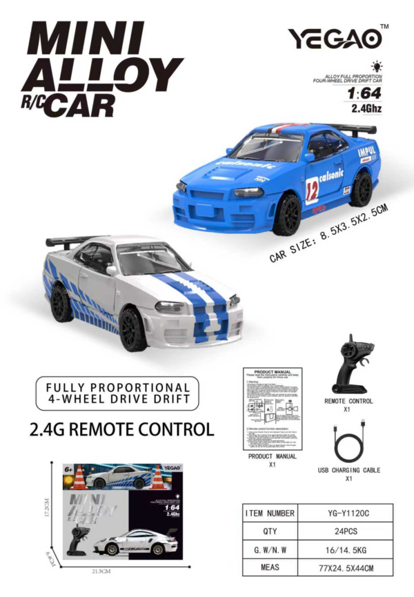 1:64 Nissan GTR R34 RC Car with Pistol‑Grip Transmitter