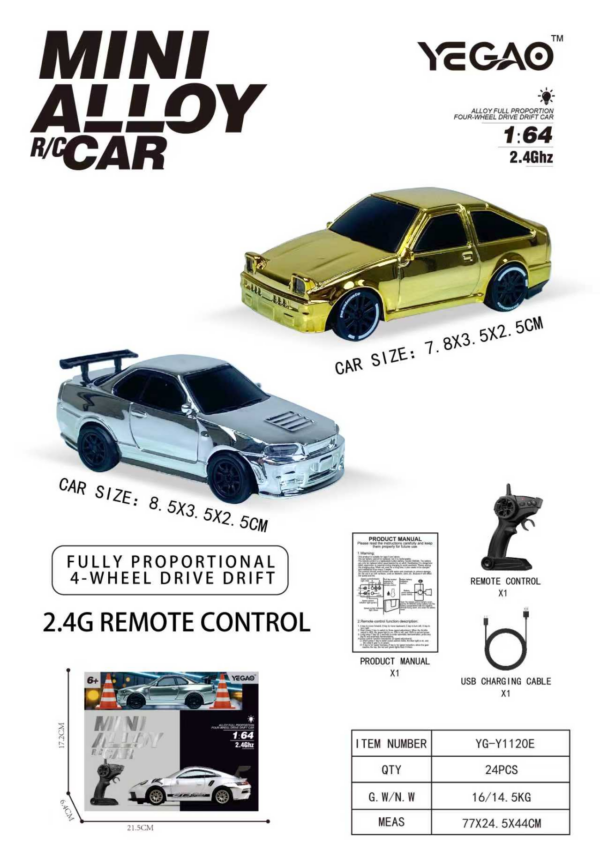 1:64 Toyota AE86 / Nissan GTR R34 RC Car with Pistol‑Grip Transmitter