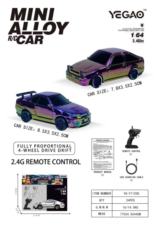 1:64 Toyota AE86 / Nissan GT‑R R34 RC Car with Pistol‑Grip Transmitter