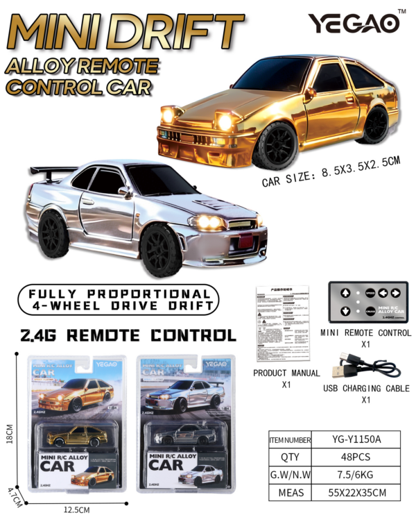 1:64 Toyota AE86 / Nissan GT‑R R34 RC Car with Mini Remote Controller