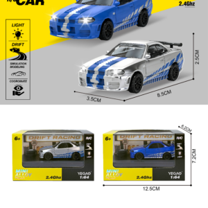 1:64 Nissan GT‑R R34 RC Car with Mini Remote Controller