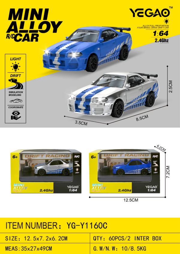 1:64 Nissan GT‑R R34 RC Car with Mini Remote Controller