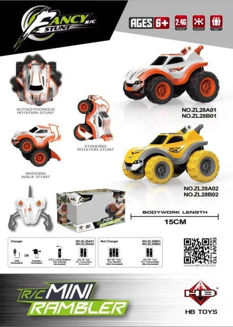 ZL28A01 TO ZL28A02  1:26 Mini Standing Stunt RC Car, Window Box